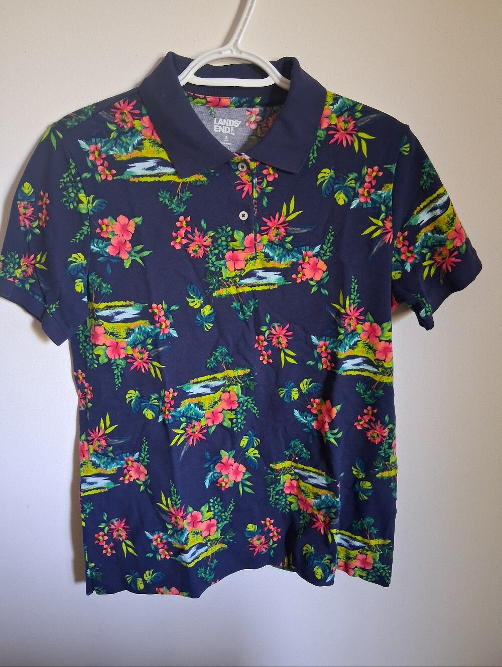 Lands End Hawaiian Tropical Hibiscus Short Sleeve Navy Collared Polo Shirt Sz S